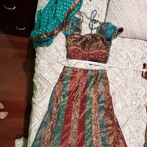 Teal, Bronze, and Coral Lengha